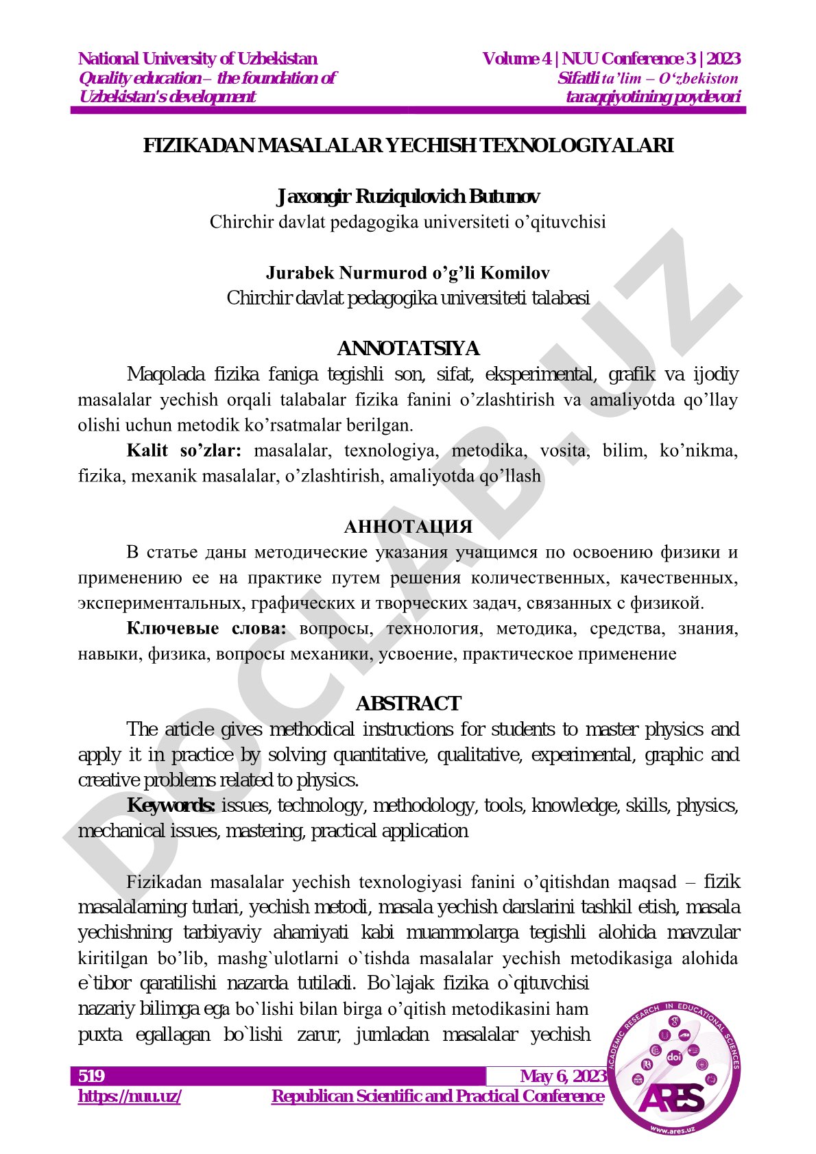 Fizikadan masalalar yechish texnologiyalari