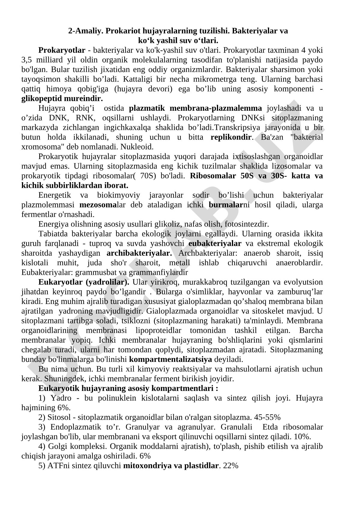 Prokariot hujayralarning tuzilishi. Bakteriyalar va ko‘k yashil suv o‘tlari.