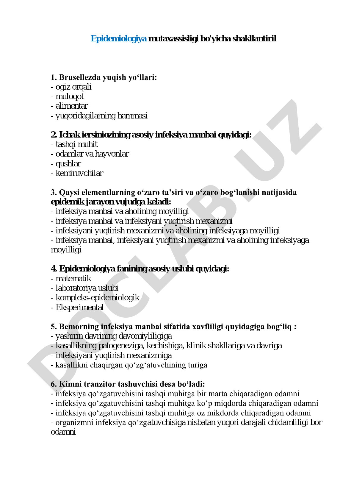 Epidemiologiya fanidan yuqumli kasalliklar bo'yicha test savollari