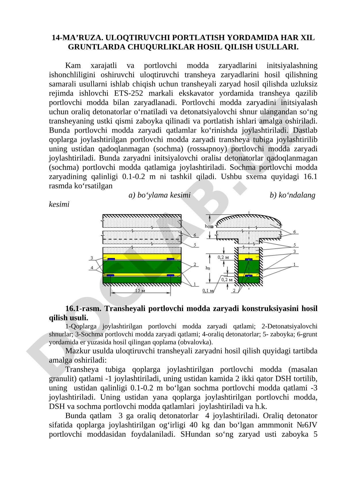 Uloqtiruvchi portlatish yordamida har xil gruntlarda chuqurliklar hosil qilish usullari