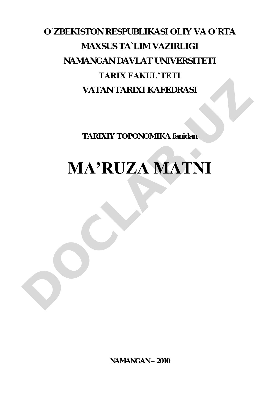 Tarixiy toponomika faniga kirish