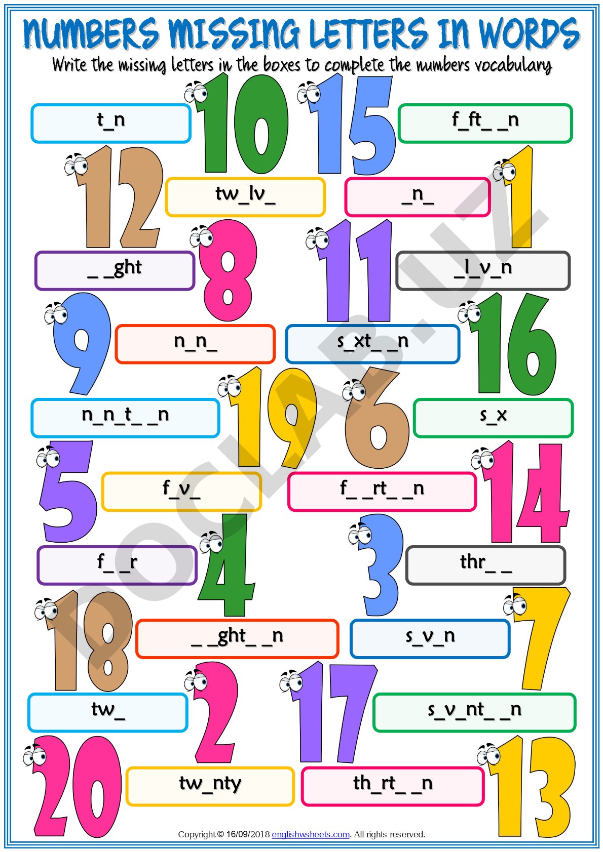 Numbers Missing Letters in Words