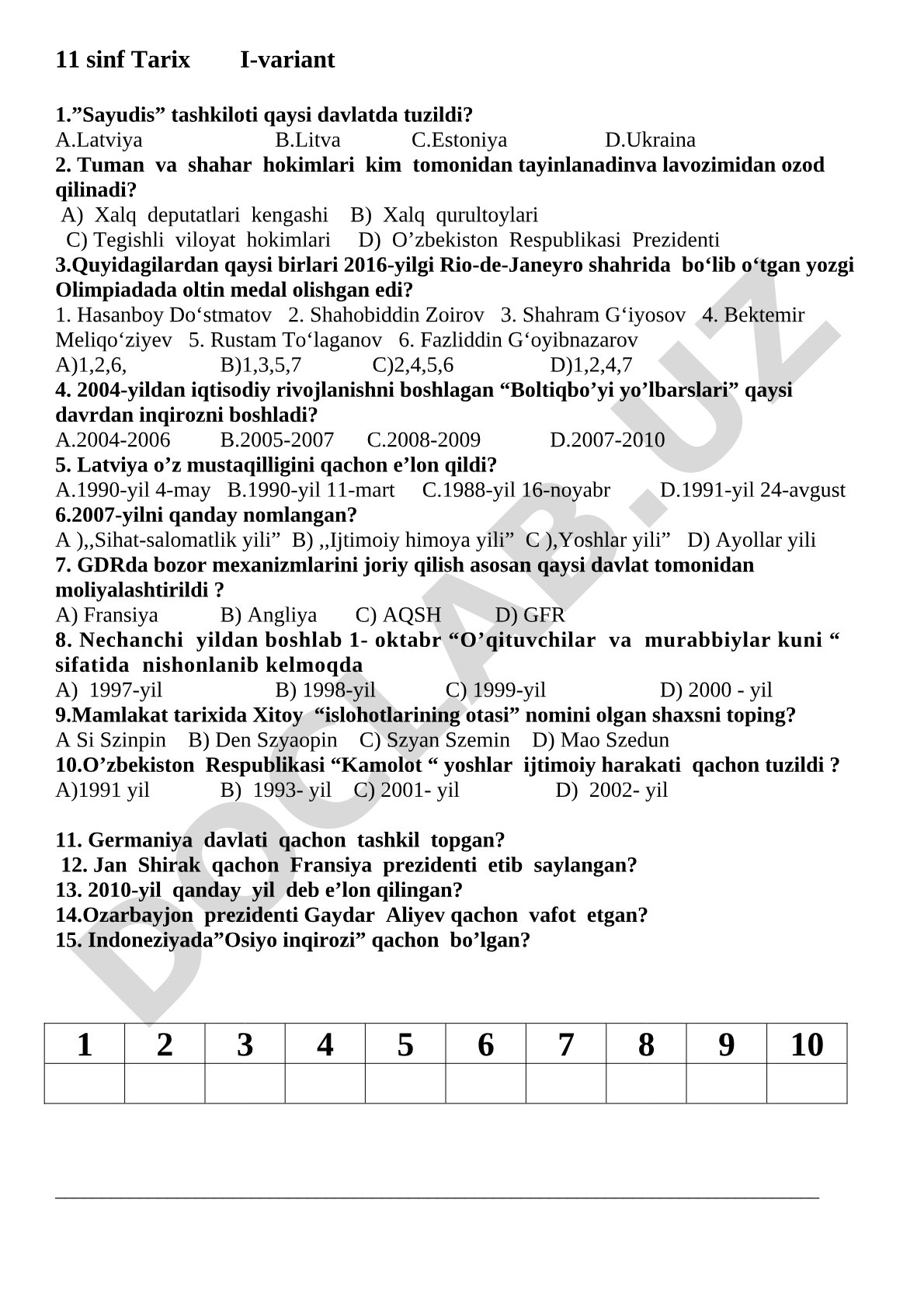 11-sinf tarix I-variant test savollari