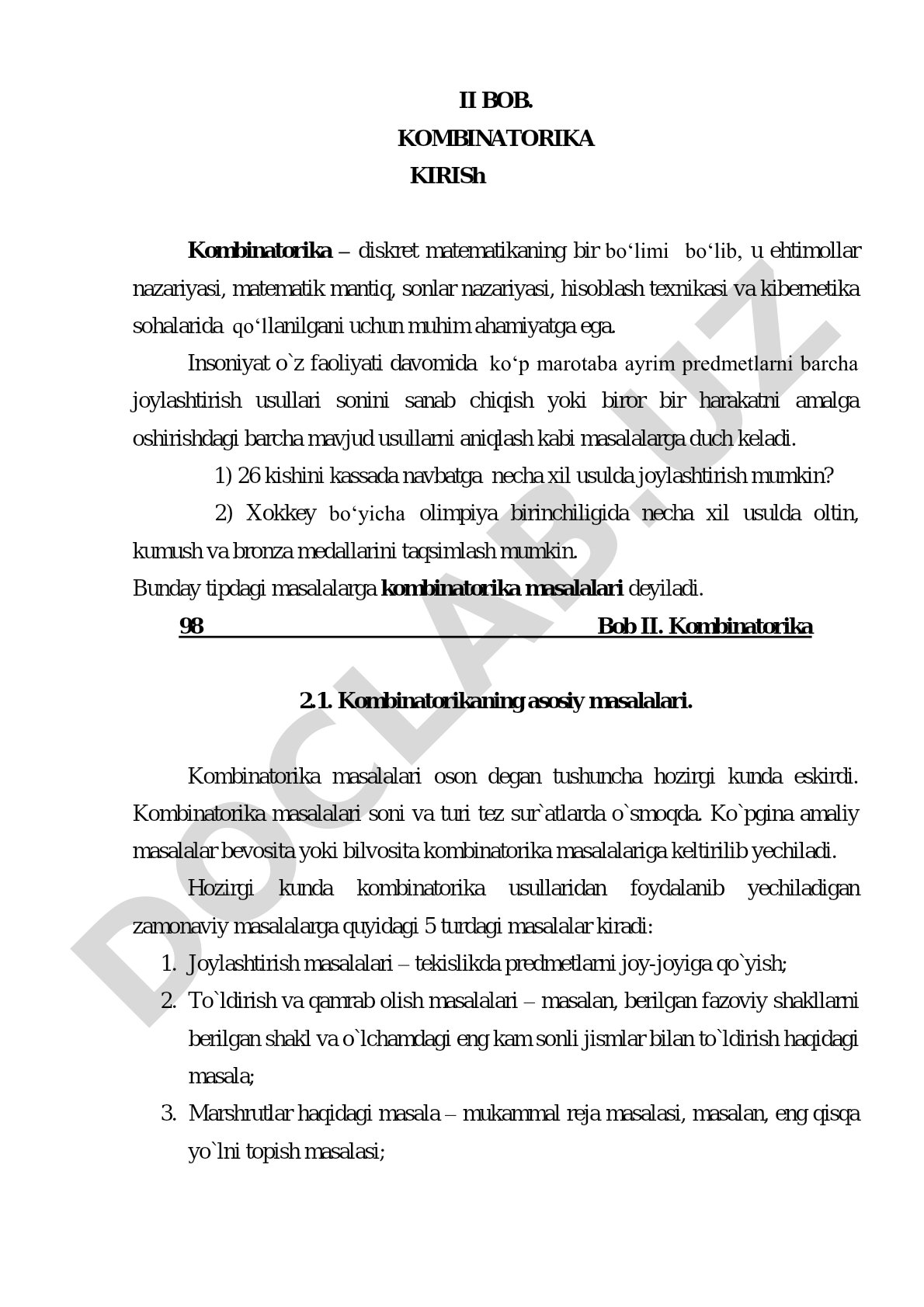 Kombinatorika asoslari va uning masalalari