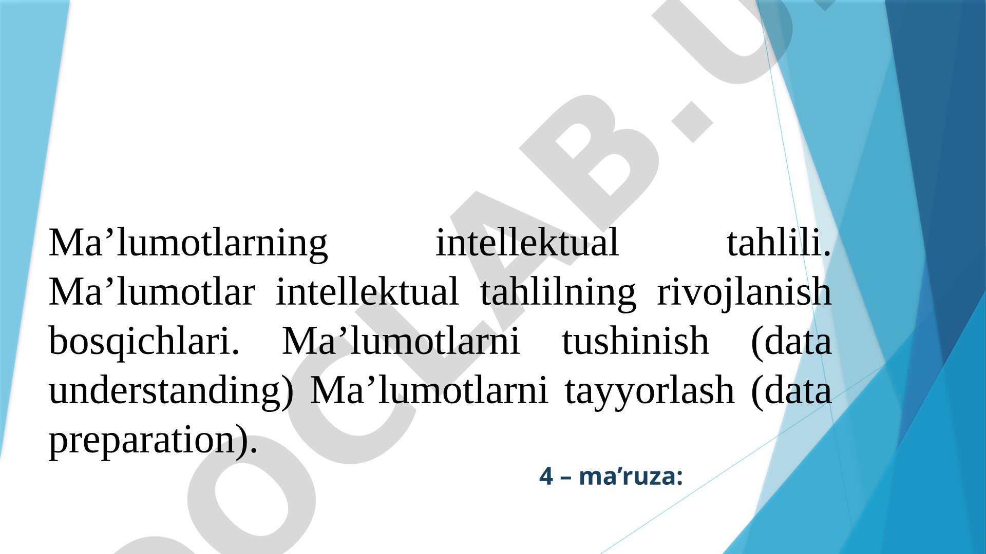 Ma'lumotlarni tushunish va tayyorlash jarayonlari yoritilgan