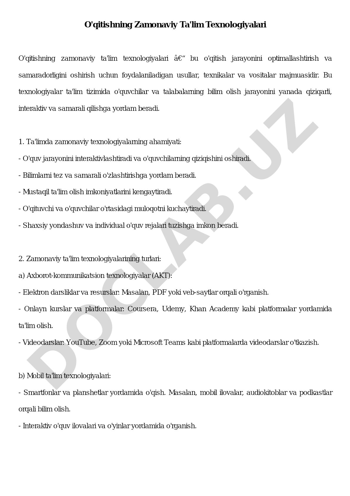 O'qitishning Zamonaviy Ta'lim Texnologiyalari