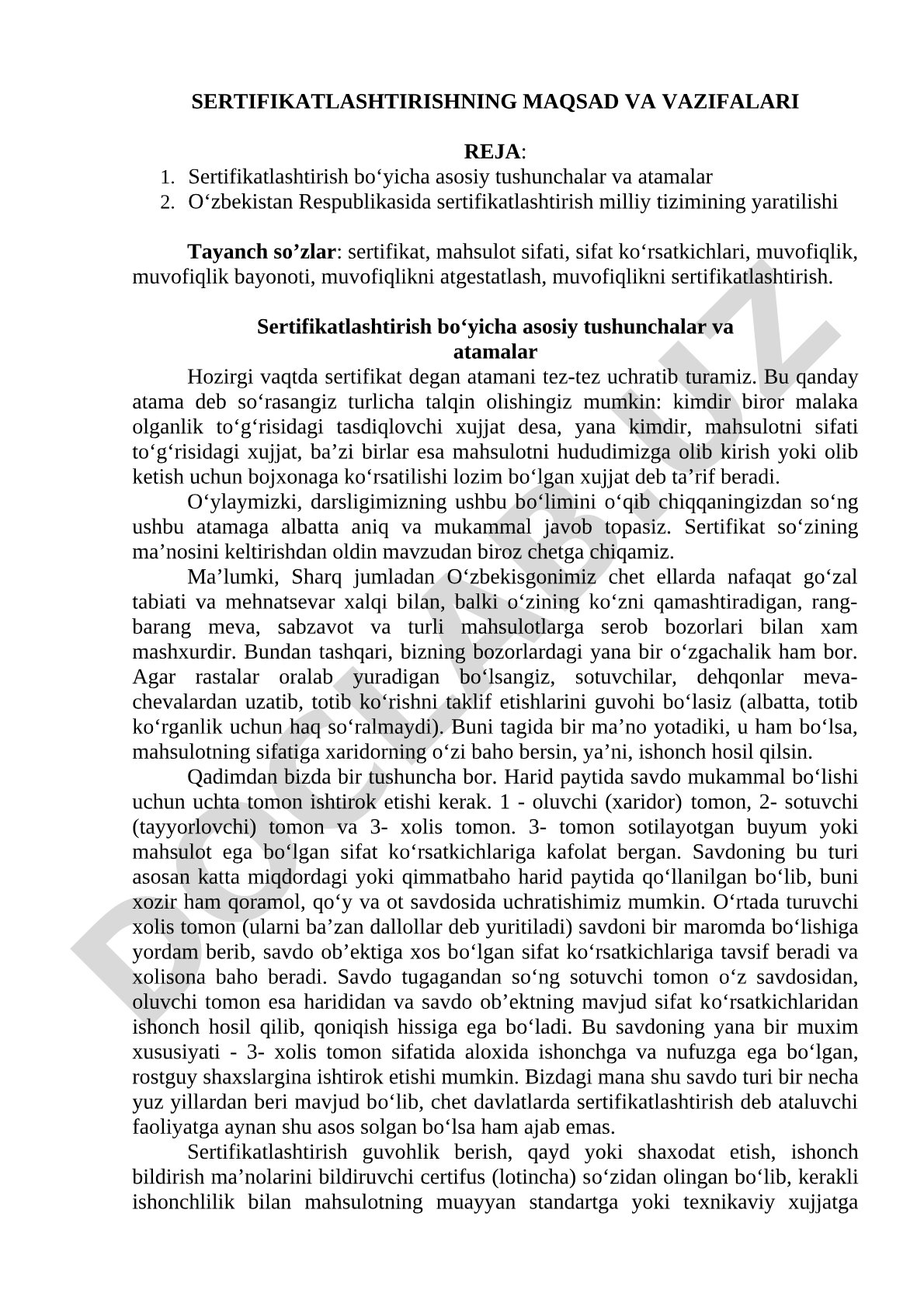 Sertifikatlashtirishning maqsad va vazifalari