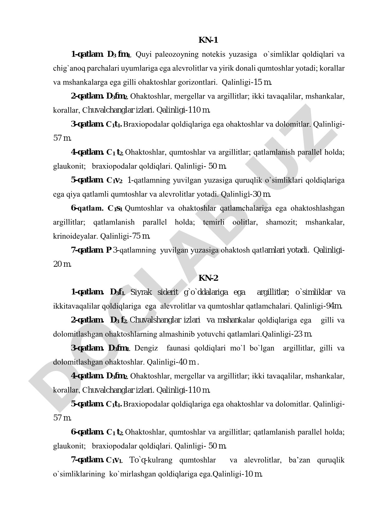 KN-1 va KN-2 kesimlarida paleozoy qatlamlarining geologik tavsifi