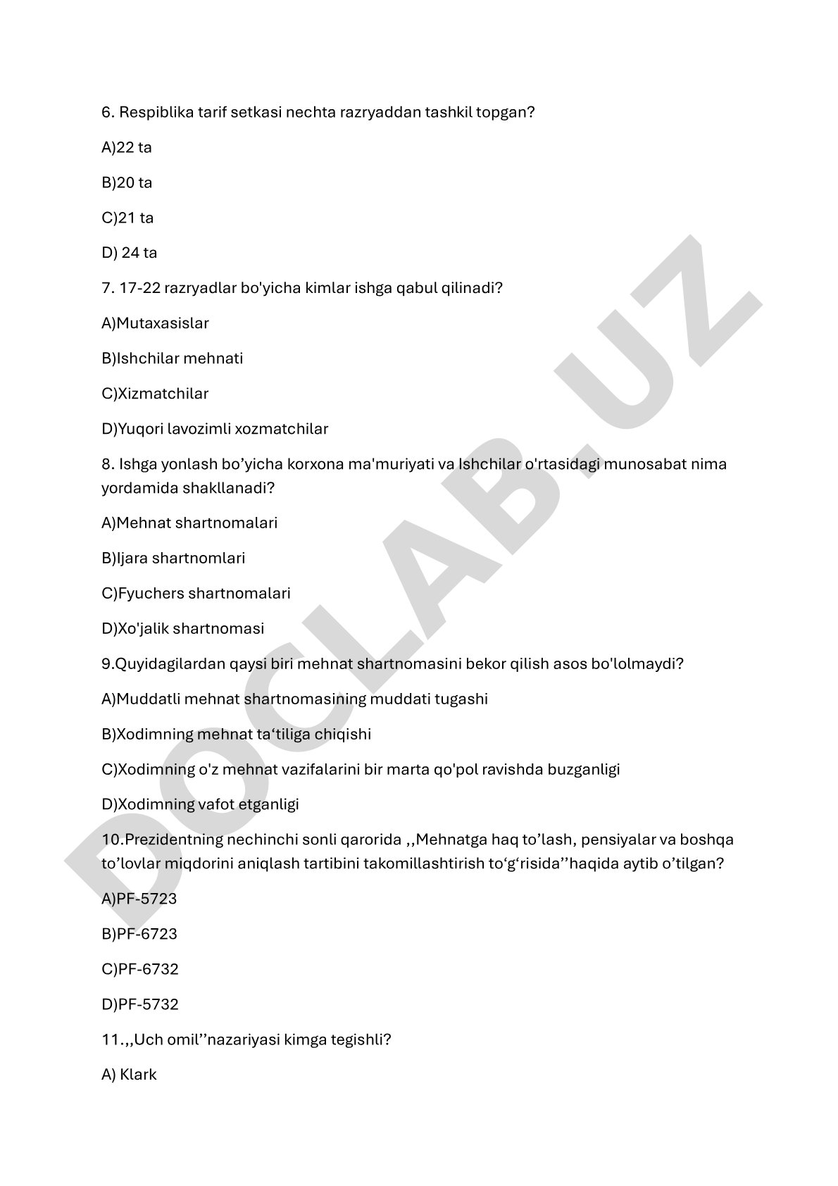 Mehnat iqtisodiyoti bo'yicha test savollari