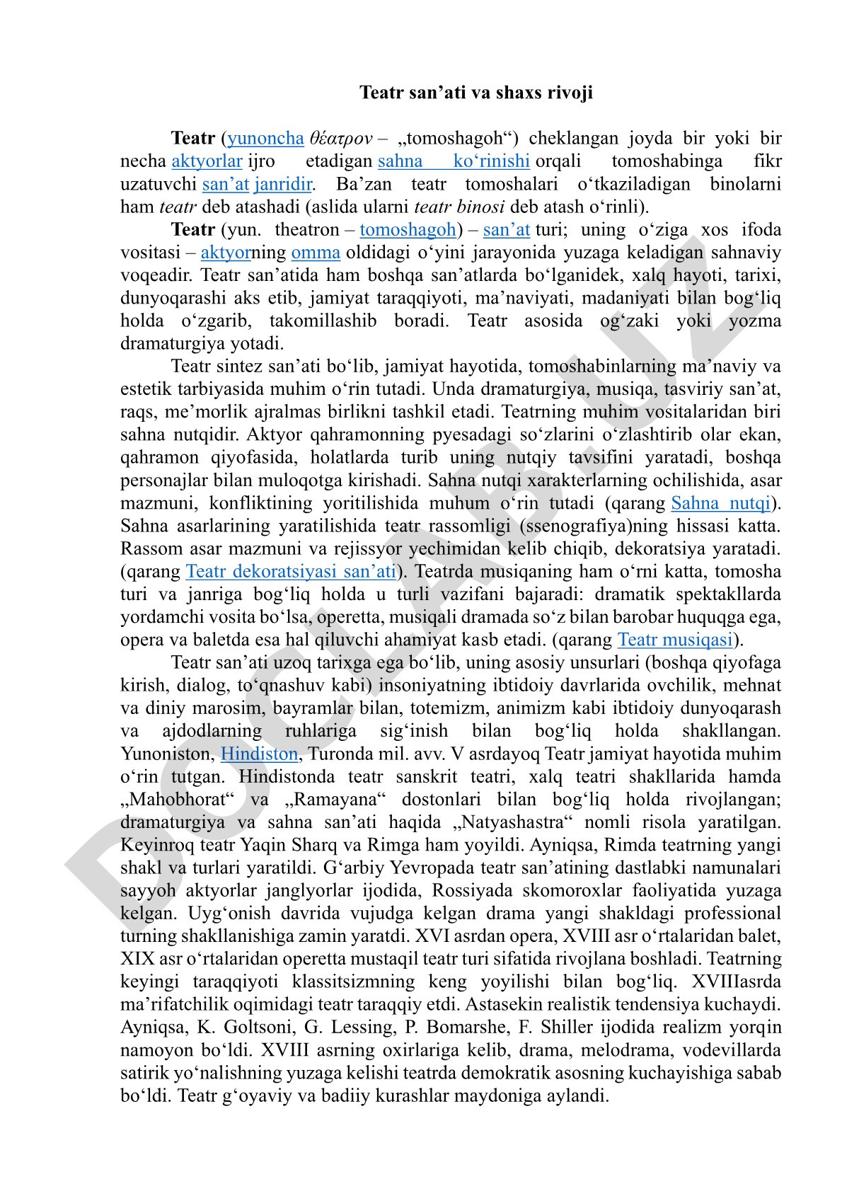 Teatr san’ati va shaxs rivoji