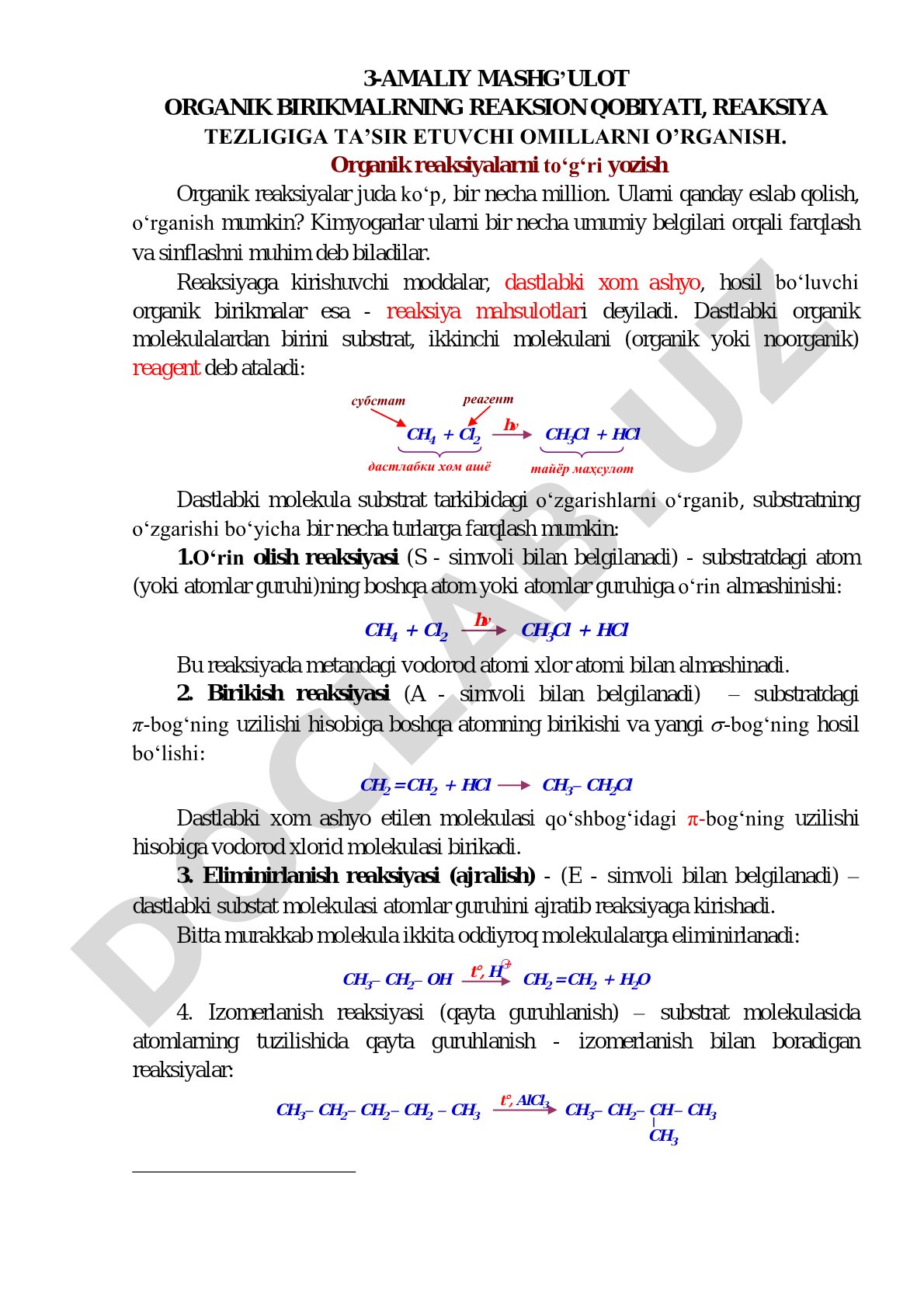 3-AMALIY MASHG’ULOT ORGANIK BIRIKMALRNING REAKSION QOBIYATI, REAKSIYA TEZLIGIGA TA’SIR ETUVCHI OMILL
