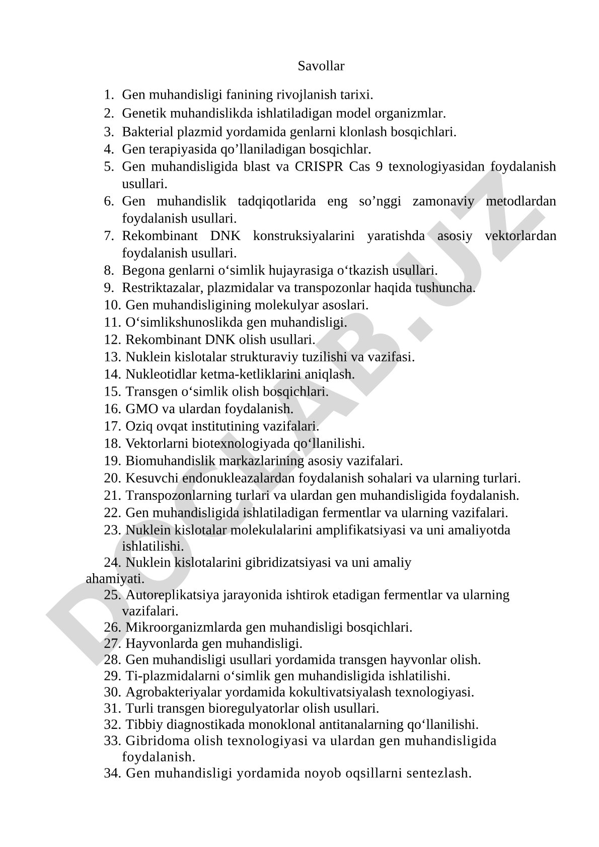 Gen muhandisligi fanidan savollar