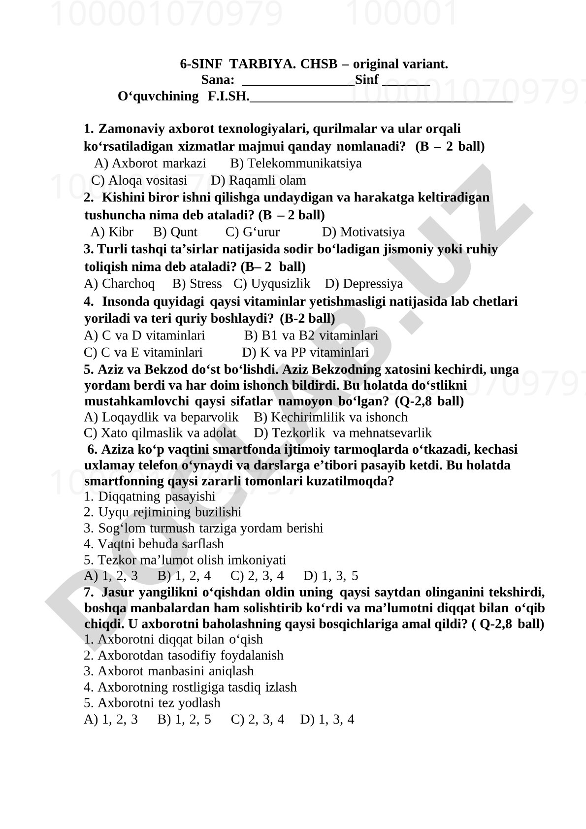 6-sinf Tarbiya fanidan CHSB test topshiriqlari