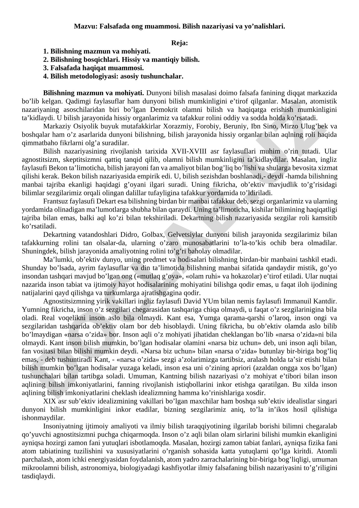 Falsafada ong muammosi. Bilish nazariyasi va yo’nalishlari