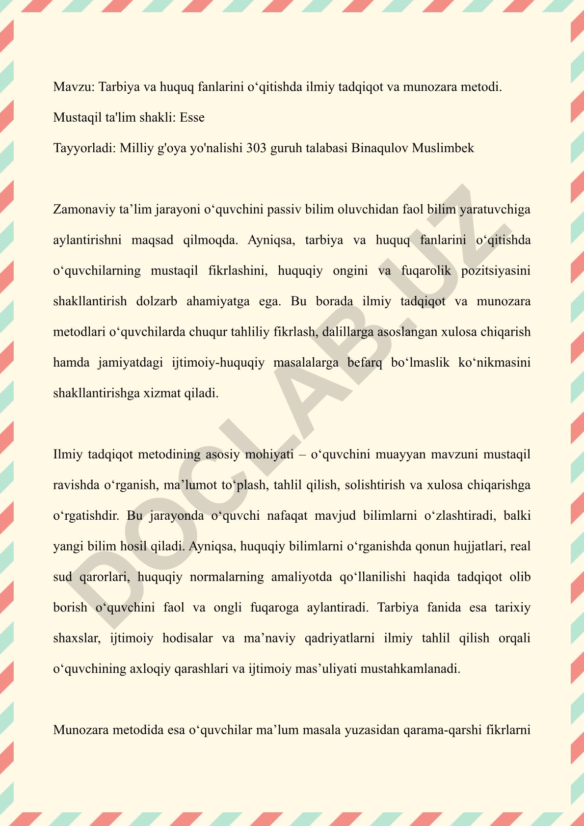 Tarbiya va huquq fanlarini o‘qitishda ilmiy tadqiqot va munozara metodi