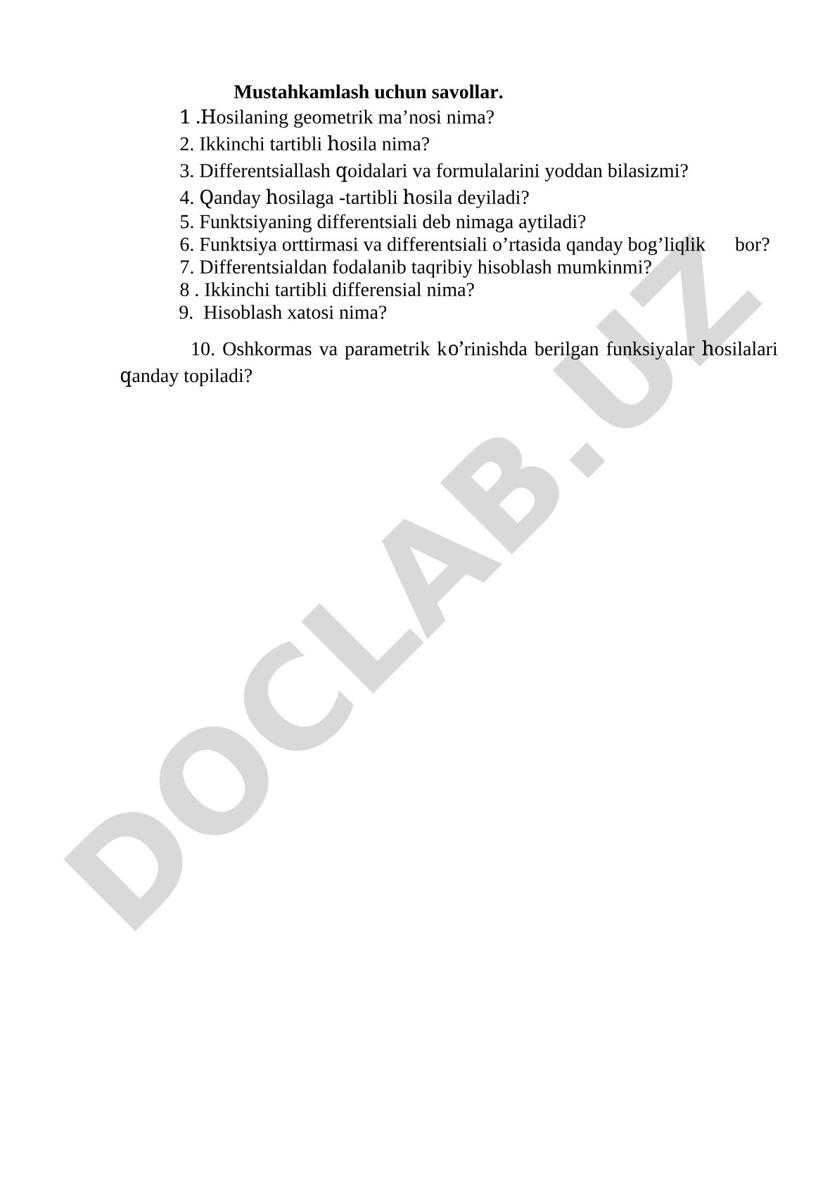 Hosila va differentsial mavzusida mustahkamlash savollari
