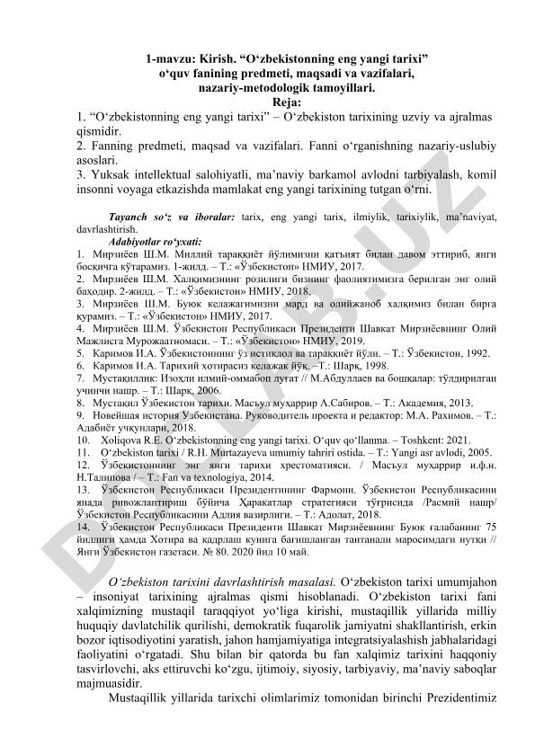 O‘zbekistonning eng yangi tarixi fanining predmeti, maqsadi va vazifalari