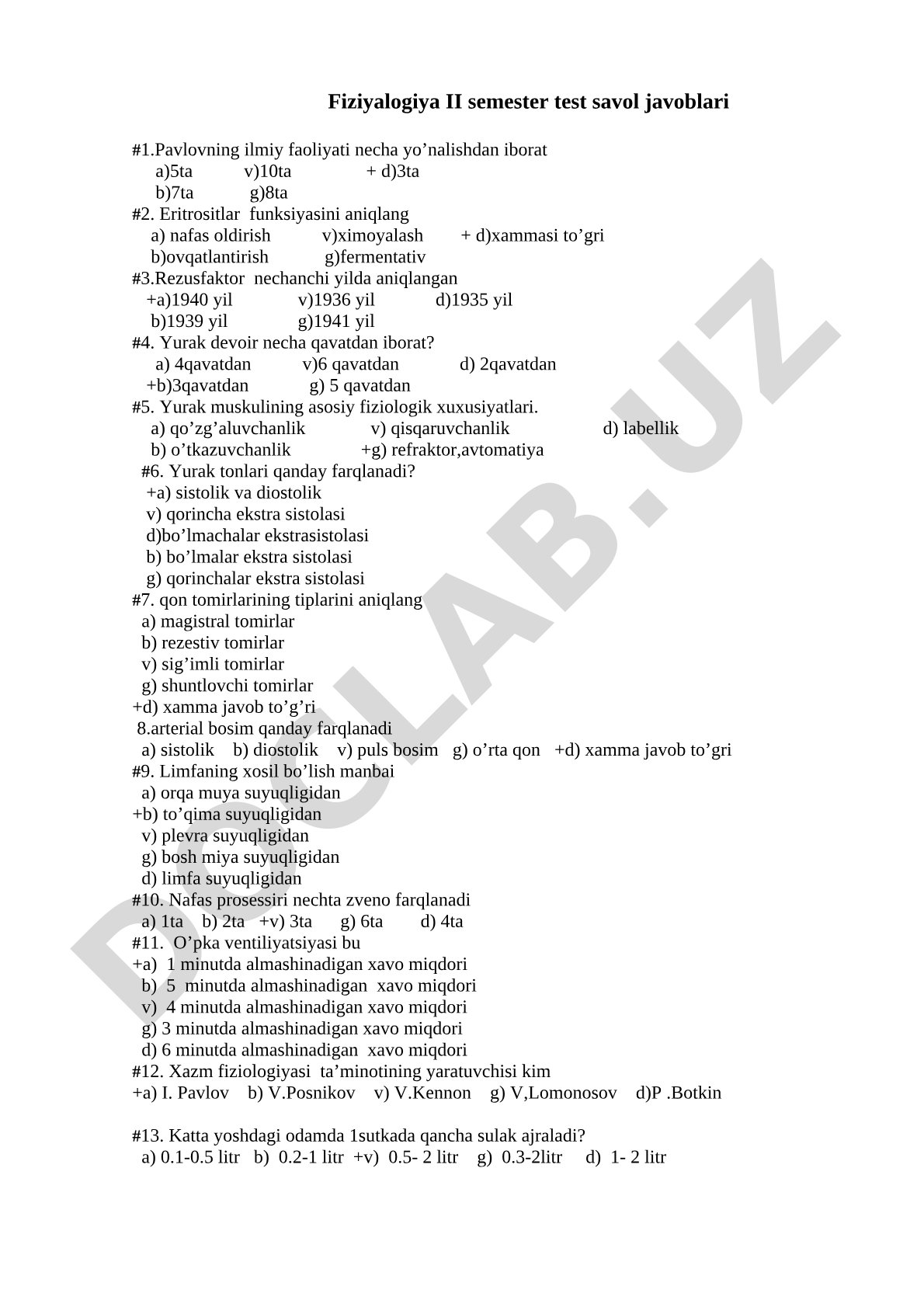 Fiziyalogiya II semester test savol javoblari