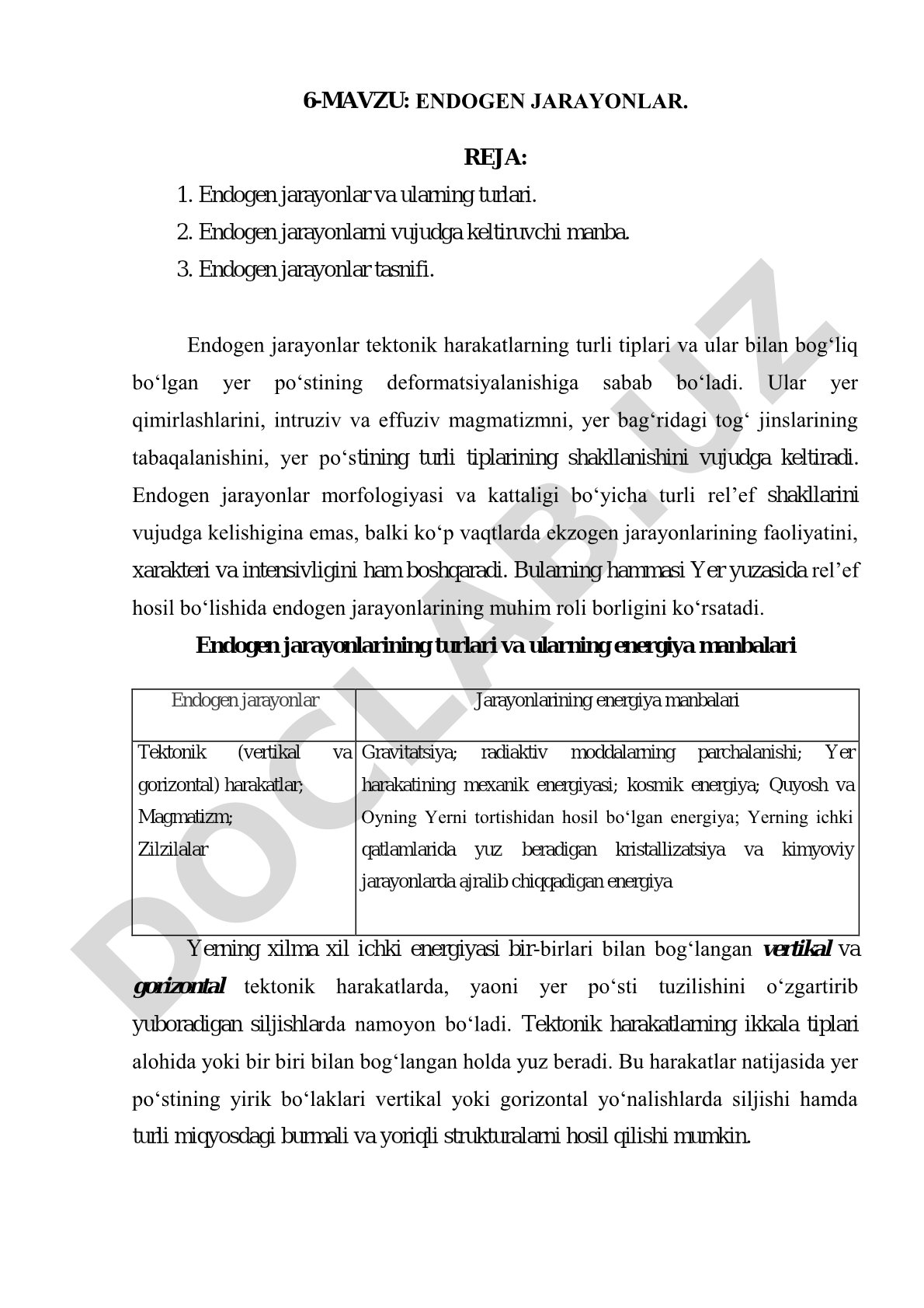 Endogen jarayonlar turlari, energiya manbalari va tasnifi haqida ma'lumot