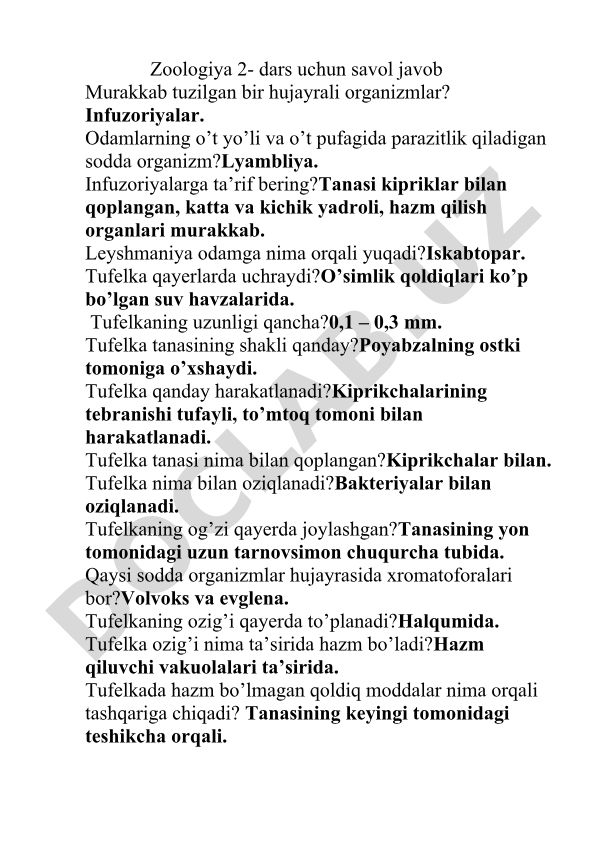 Zoologiya 2-dars: Bir hujayrali organizmlar haqida savol-javoblar