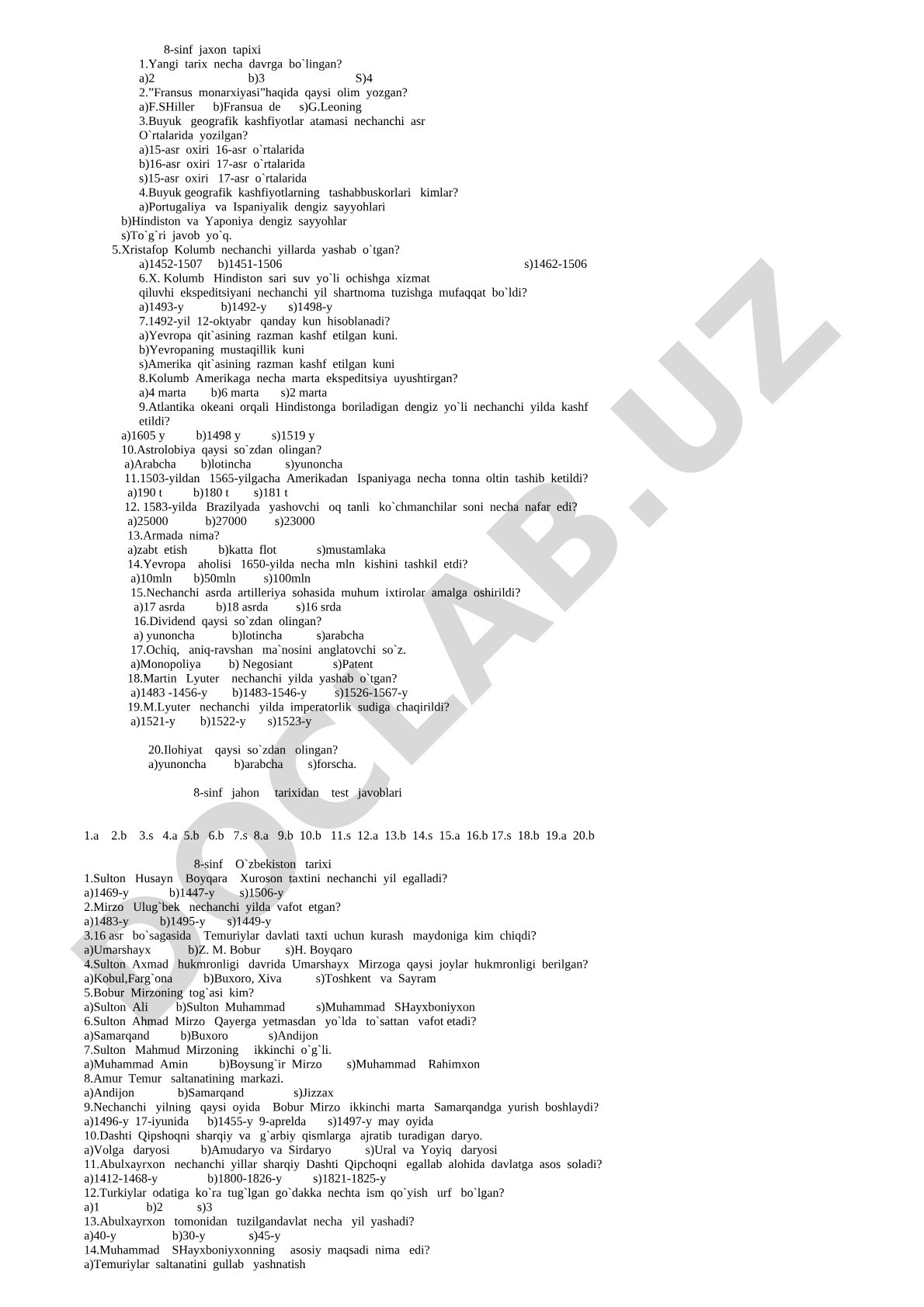 8-sinf Jahon tarixi test savollari