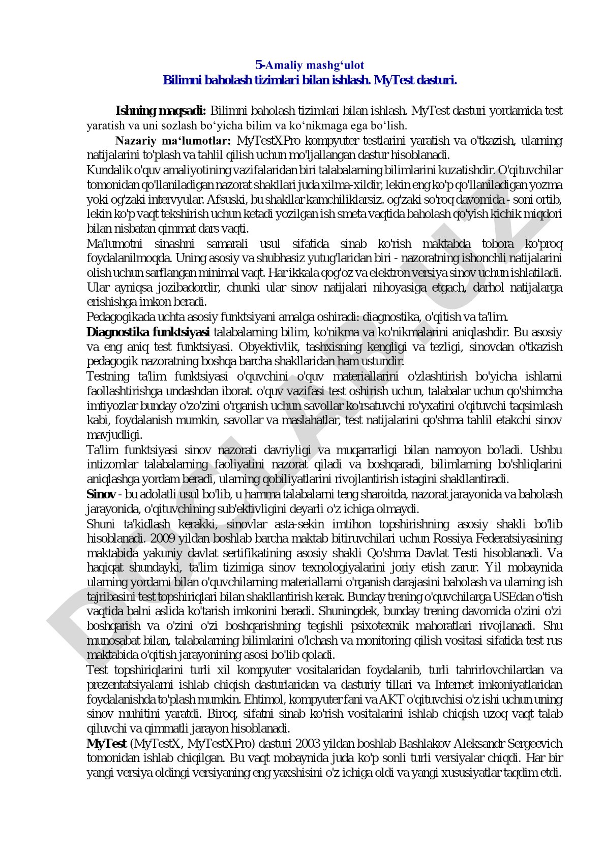 5-Amaliy mashg‘ulot Bilimni baholash tizimlari bilan ishlash
