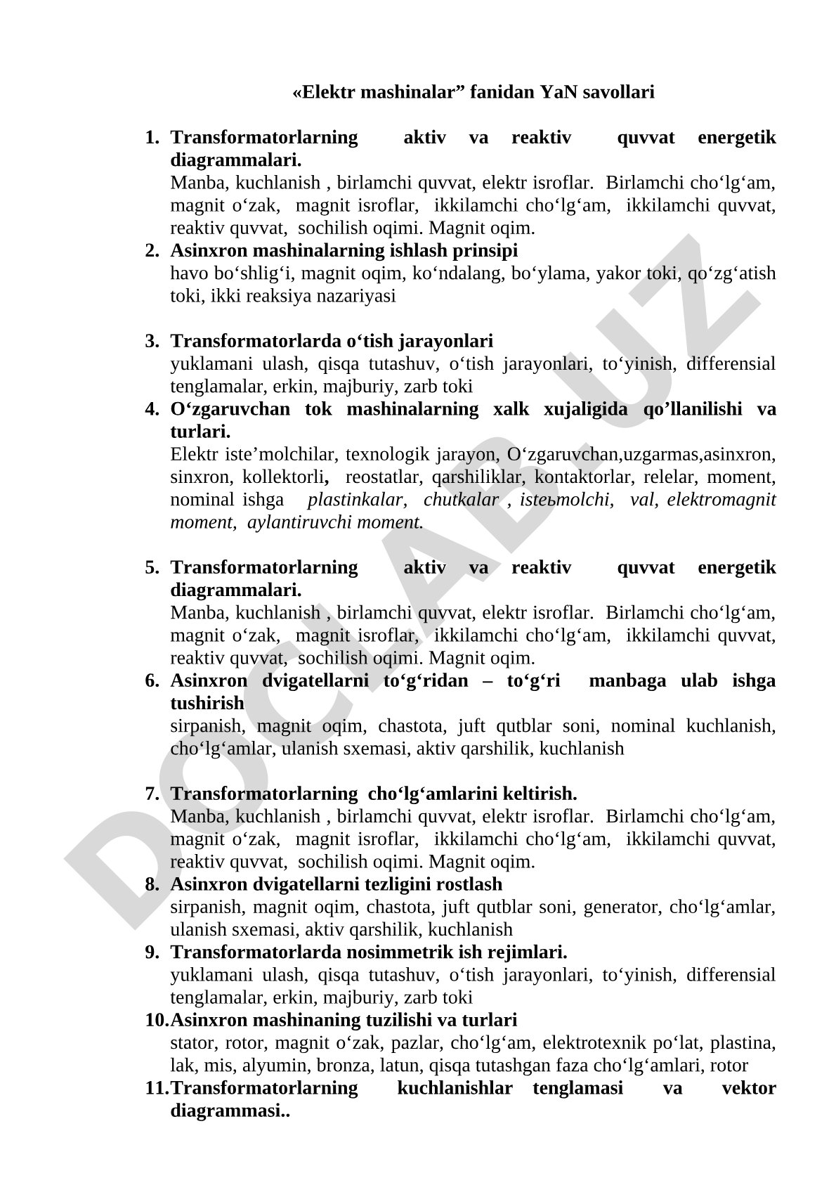 «Elektr mashinalar” fanidan YaN savollari