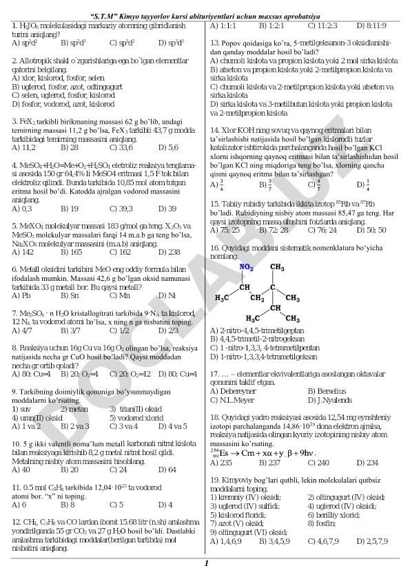 Kimyo fanidan test savollari to'plami