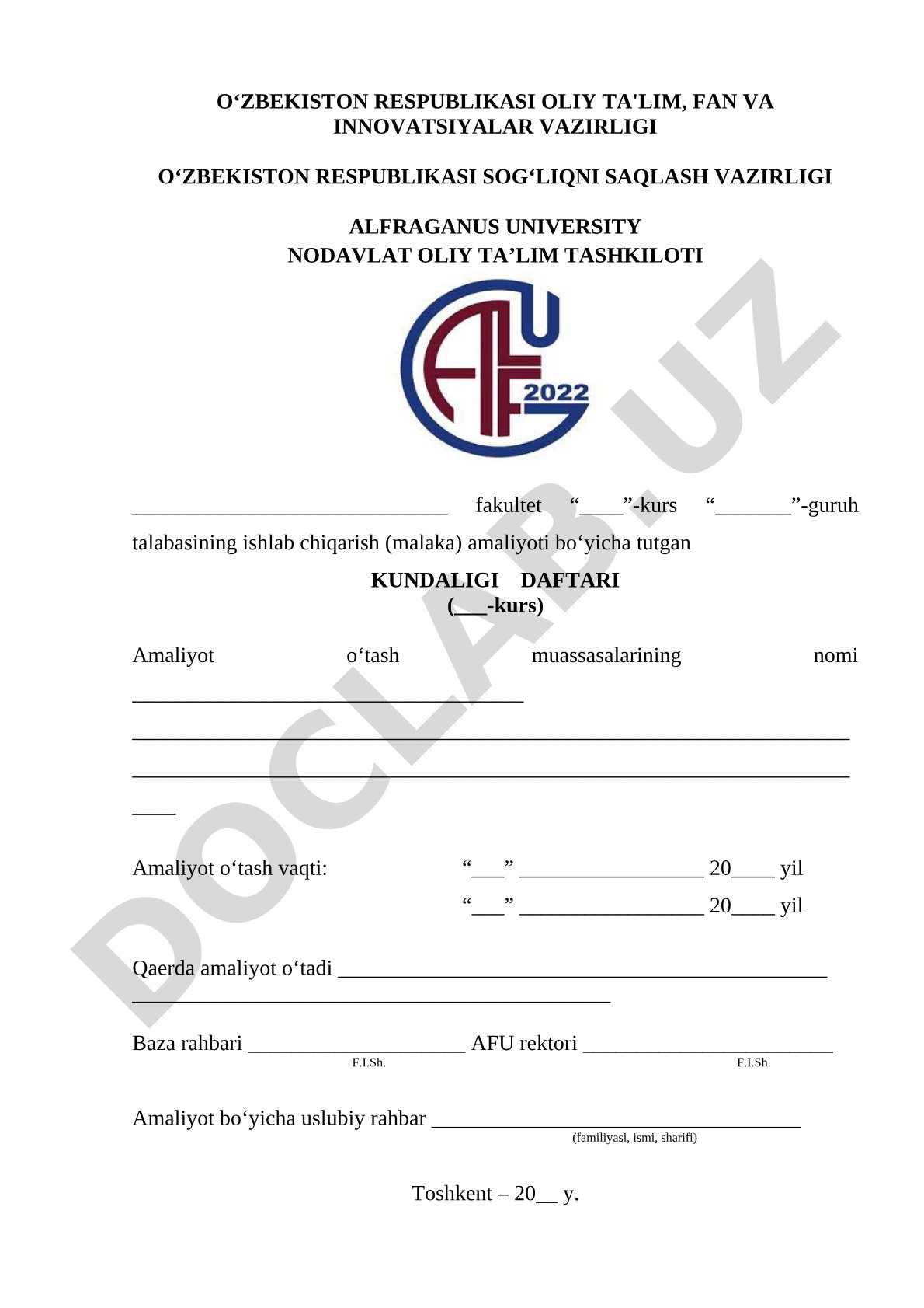 Ishlab chiqarish (malaka) amaliyoti bo‘yicha tutgan kundaligi daftari