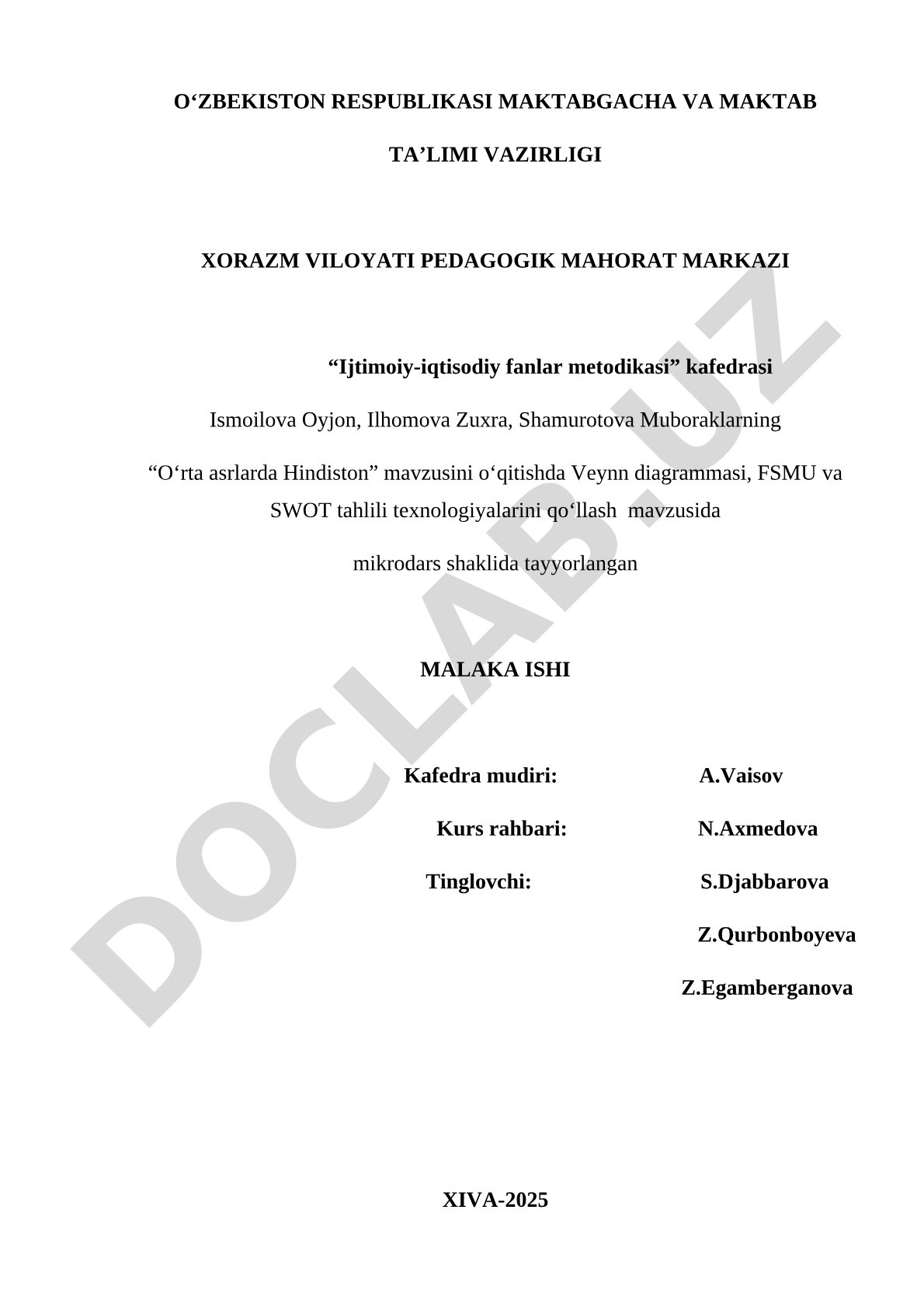 O'rta asrlarda Hindiston mavzusini o'qitishda Veynn diagrammasi, FSMU va SWOT tahlili texnologiyalarini qo'llash