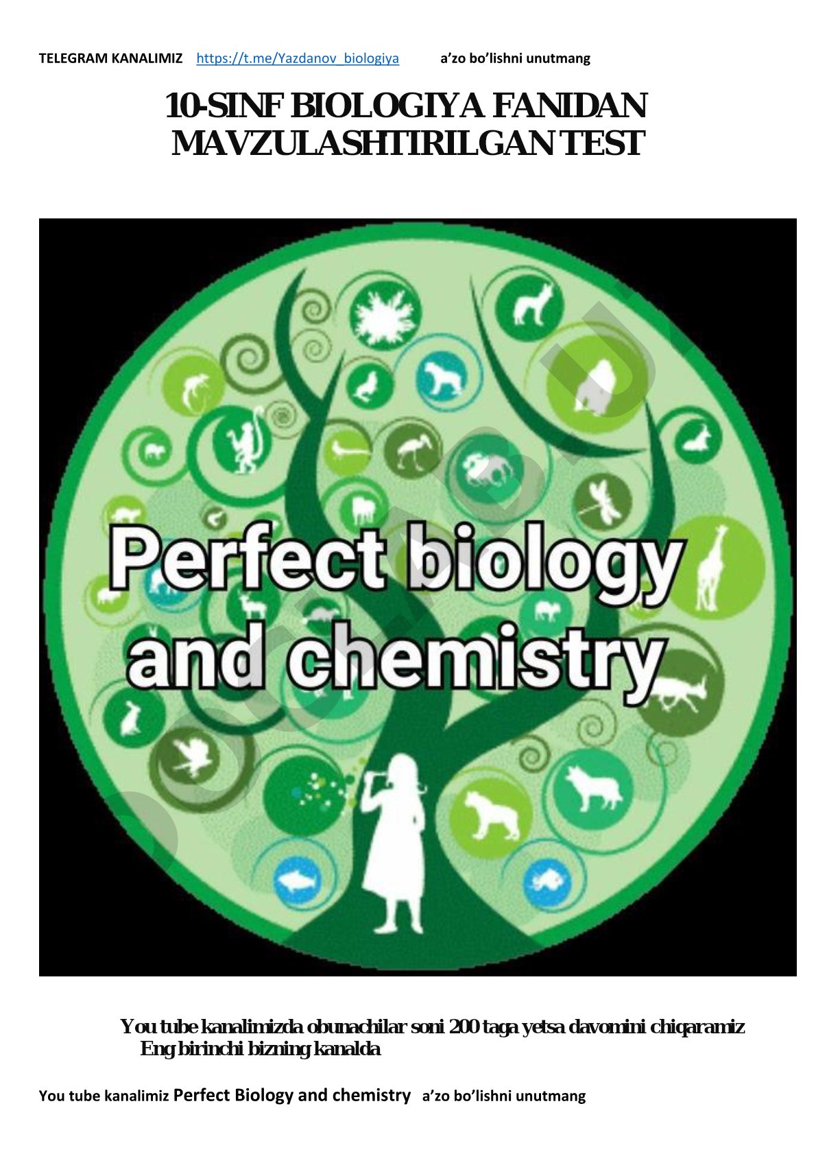 10-sinf biologiya fanidan mavzulashtirilgan test