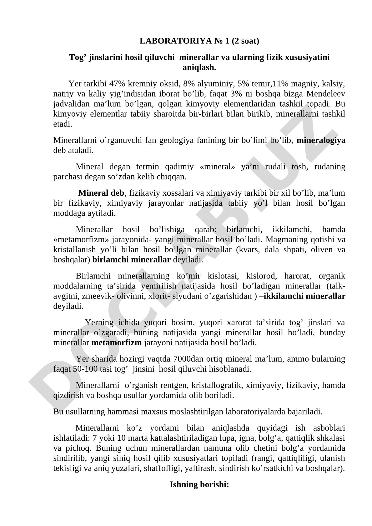 Tog' jinslarini hosil qiluvchi minerallar va ularning fizik xususiyatini aniqlash