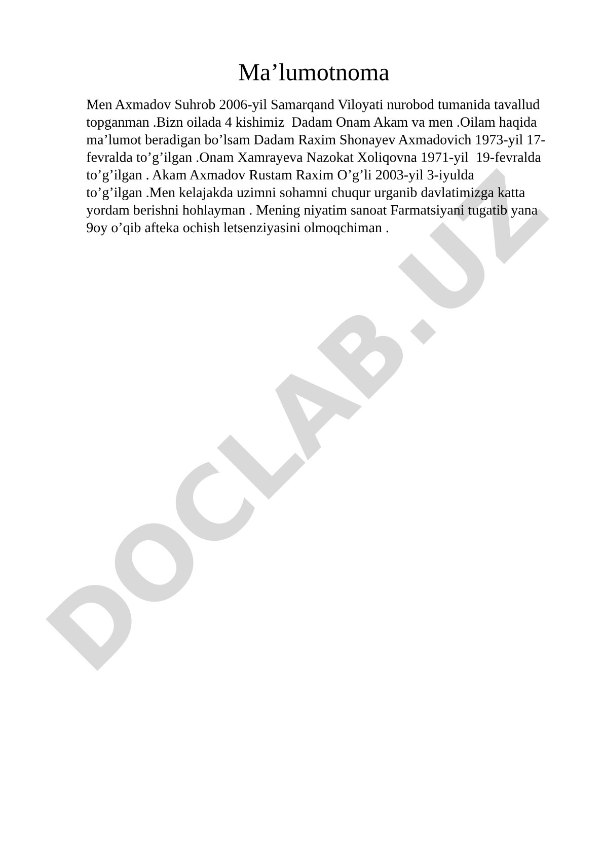 Axmadov Suhrobning oilasi va sanoat farmatsiya niyati