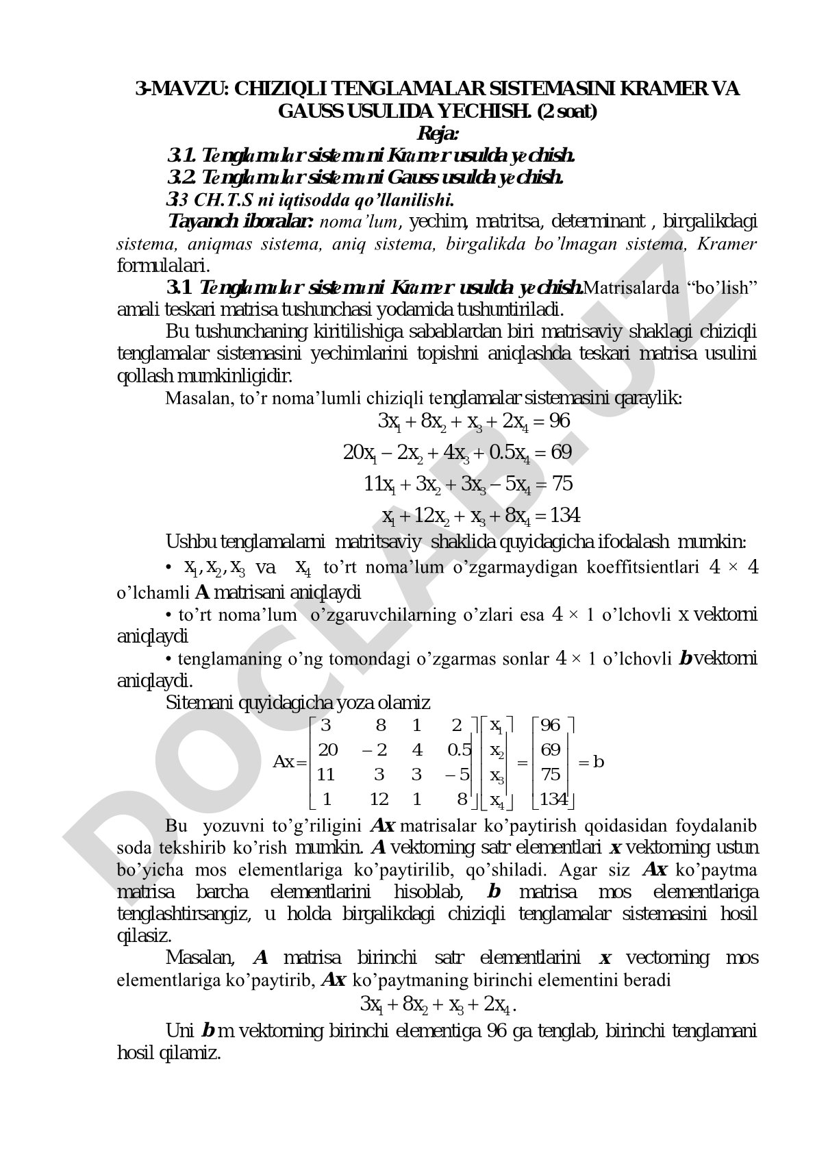 Chiziqli tenglamalar sistemasini Kramer va Gauss usulida yechish