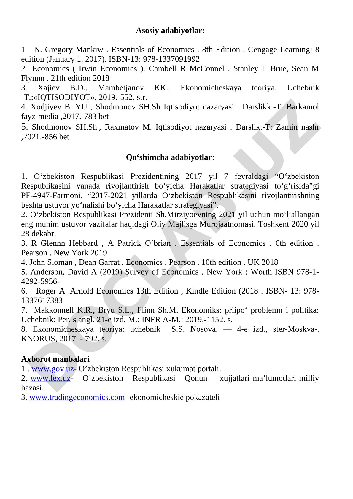 Iqtisodiyot nazariyasi asosiy va qo'shimcha adabiyotlar