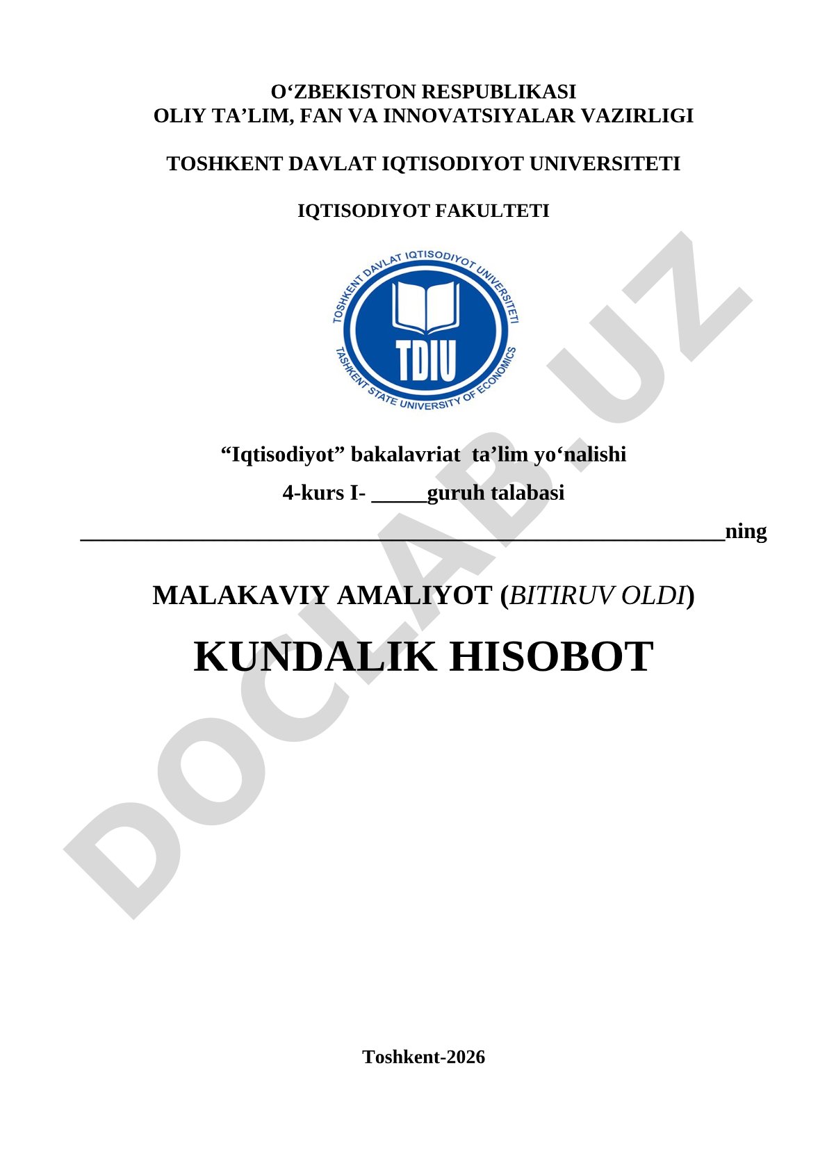 Malakaviy amaliyot (bitiruv oldi) kundalik hisobot