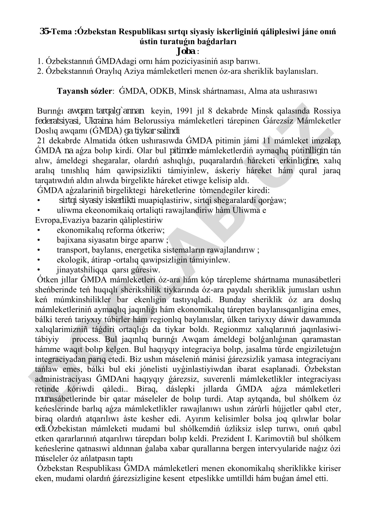 Ózbekstan Respublikası sırtqı siyasiy iskerliginiń qáliplesiwi jáne onıń ústin turatuǵın baǵdarları