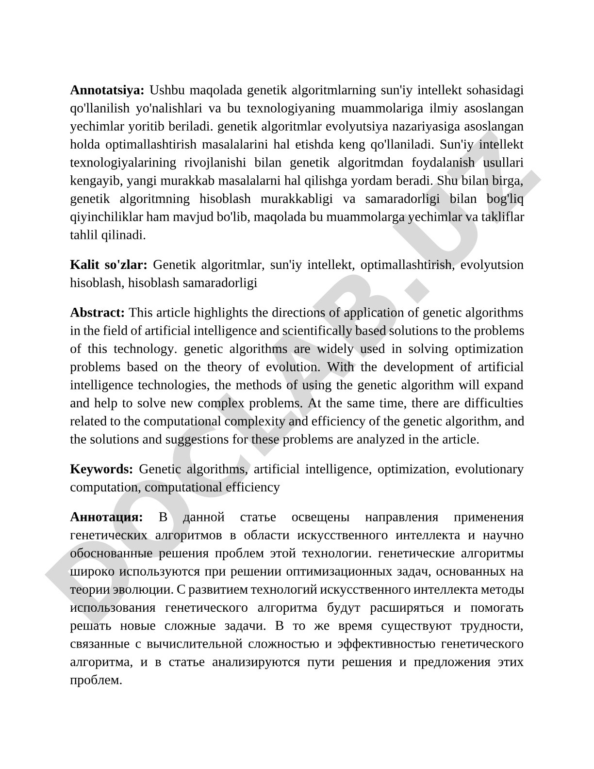 Genetik algoritmlarning sun'iy intellektda qo'llanilishi