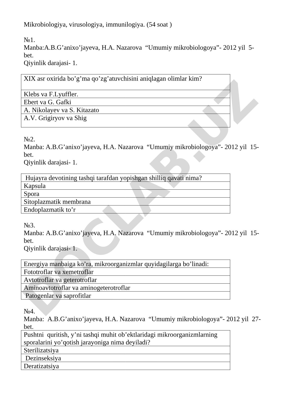 Mikrobiologiya, virusologiya, immunilogiya fanidan test savollari