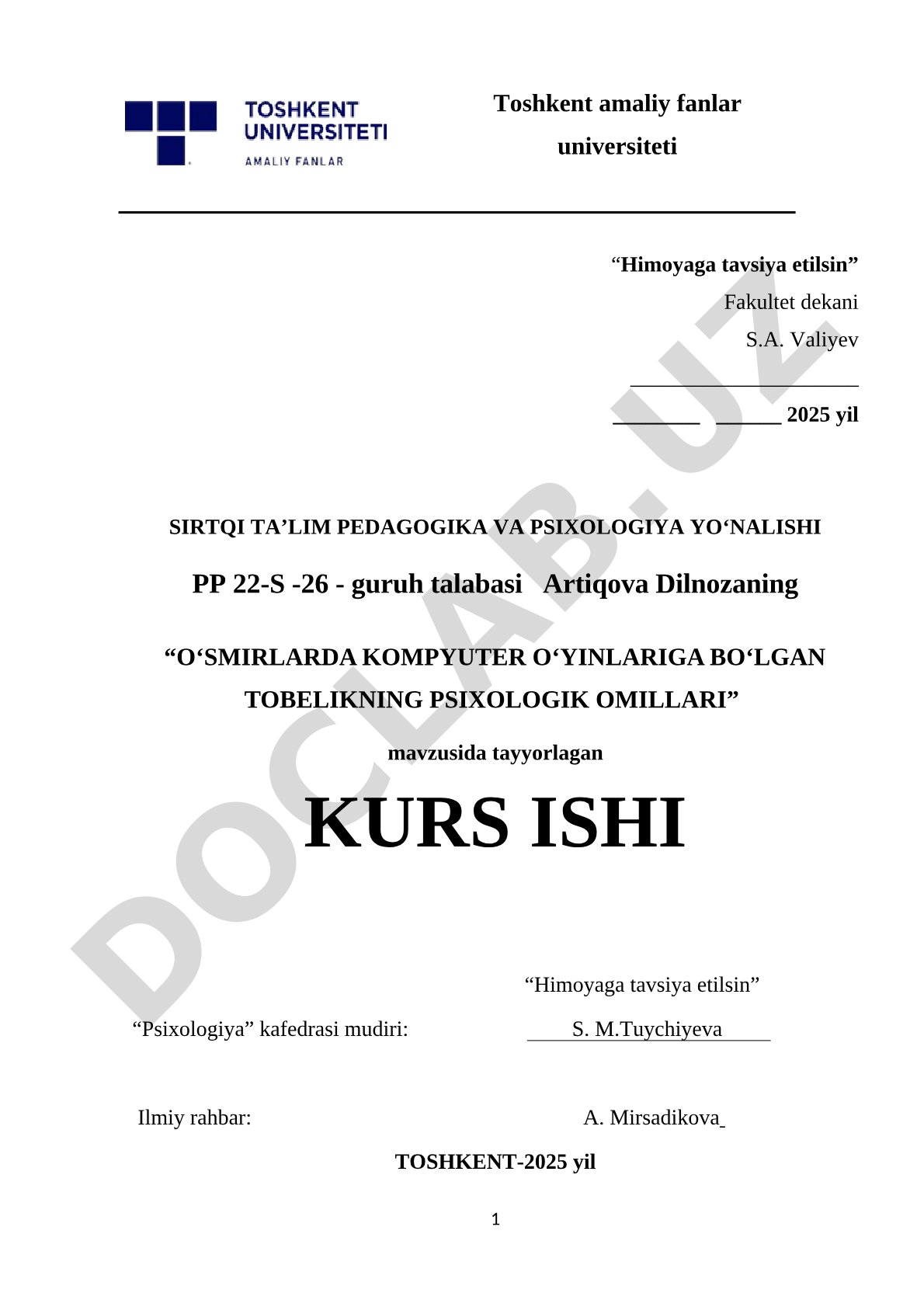 Oʻsmirlarda kompyuter oʻyinlariga boʻlgan tobelikning psixologik omillari