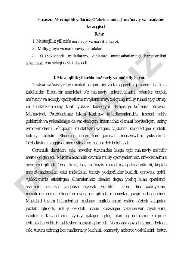 Mustaqillik yillarida O’zbekistondagi ma’naviy va madaniy taraqqiyot