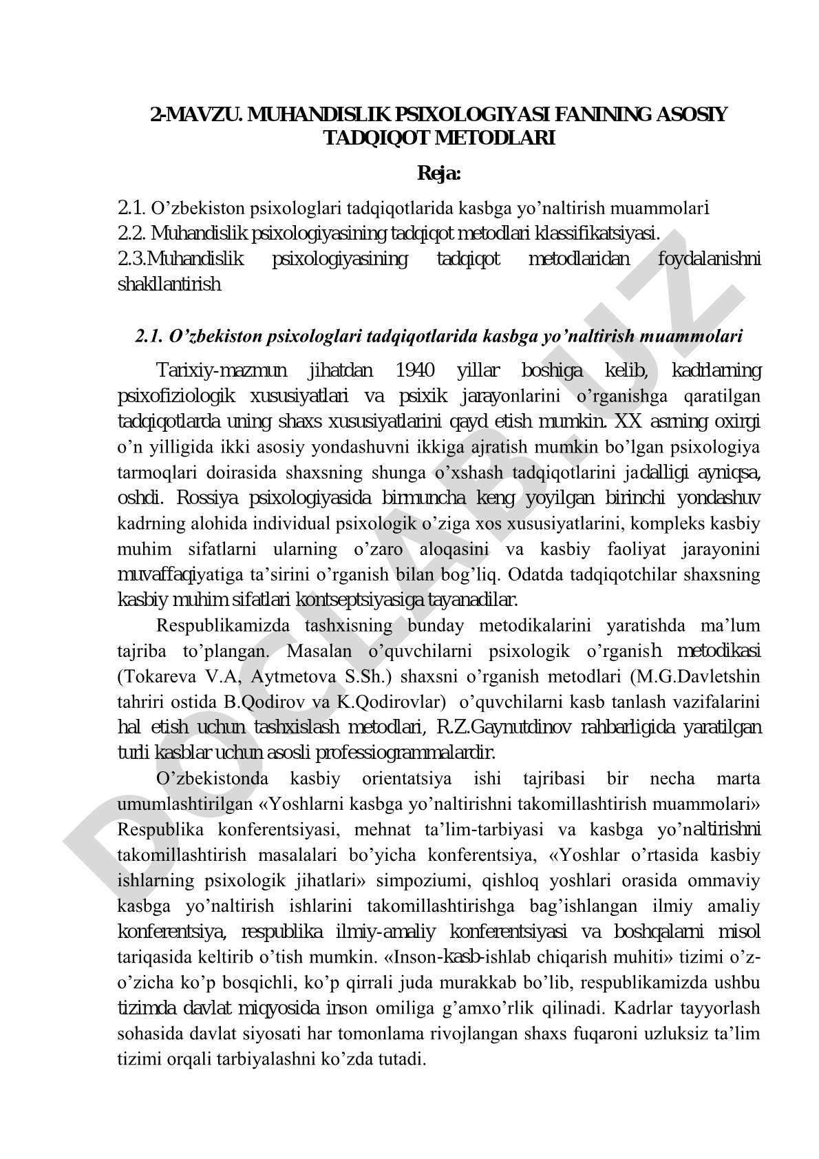 Muhandislik psixologiyasi fanining asosiy tadqiqot metodlari