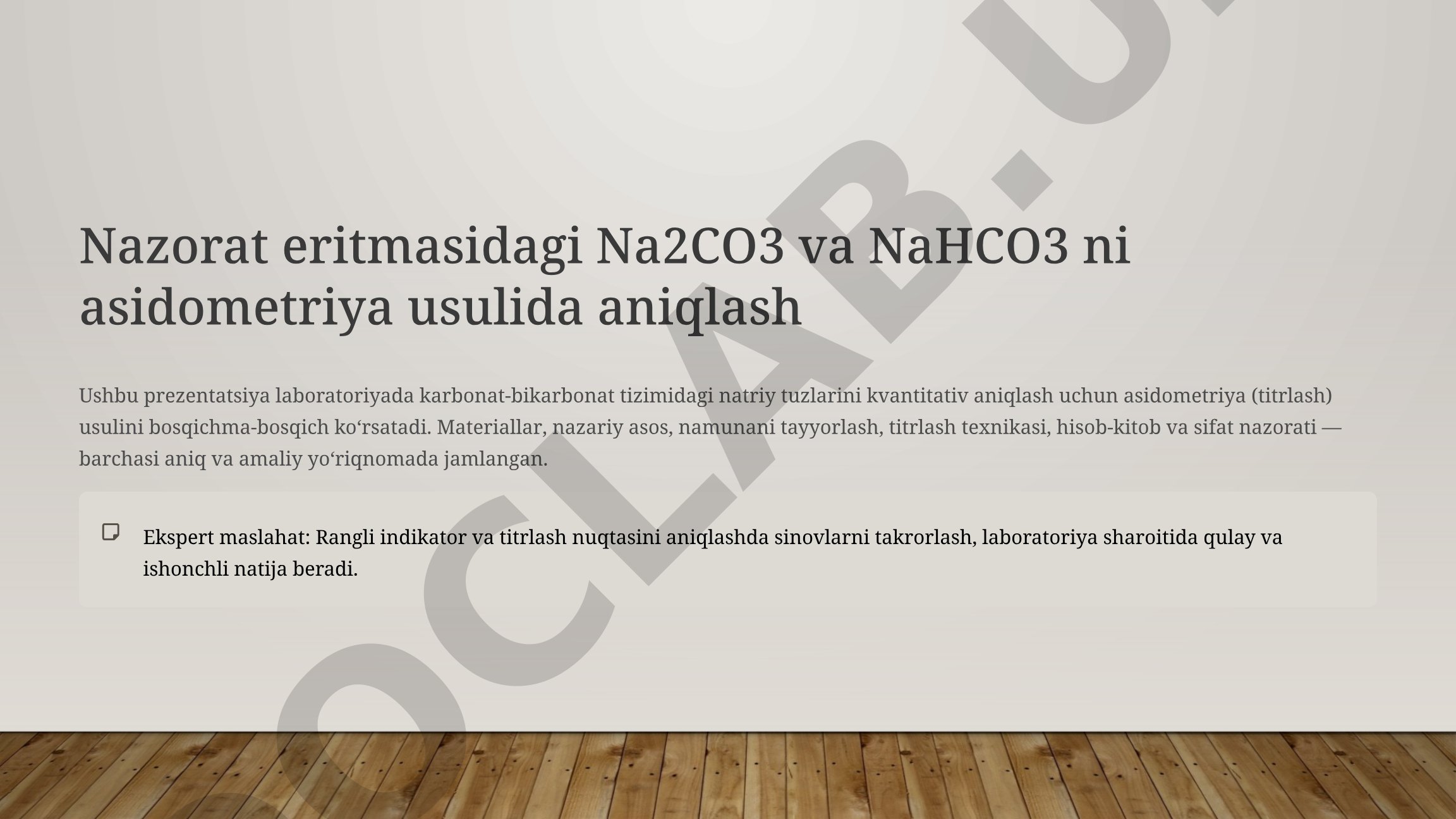 Nazorat eritmasidagi Na2CO3 va NaHCO3 ni asidometriya usulida aniqlash