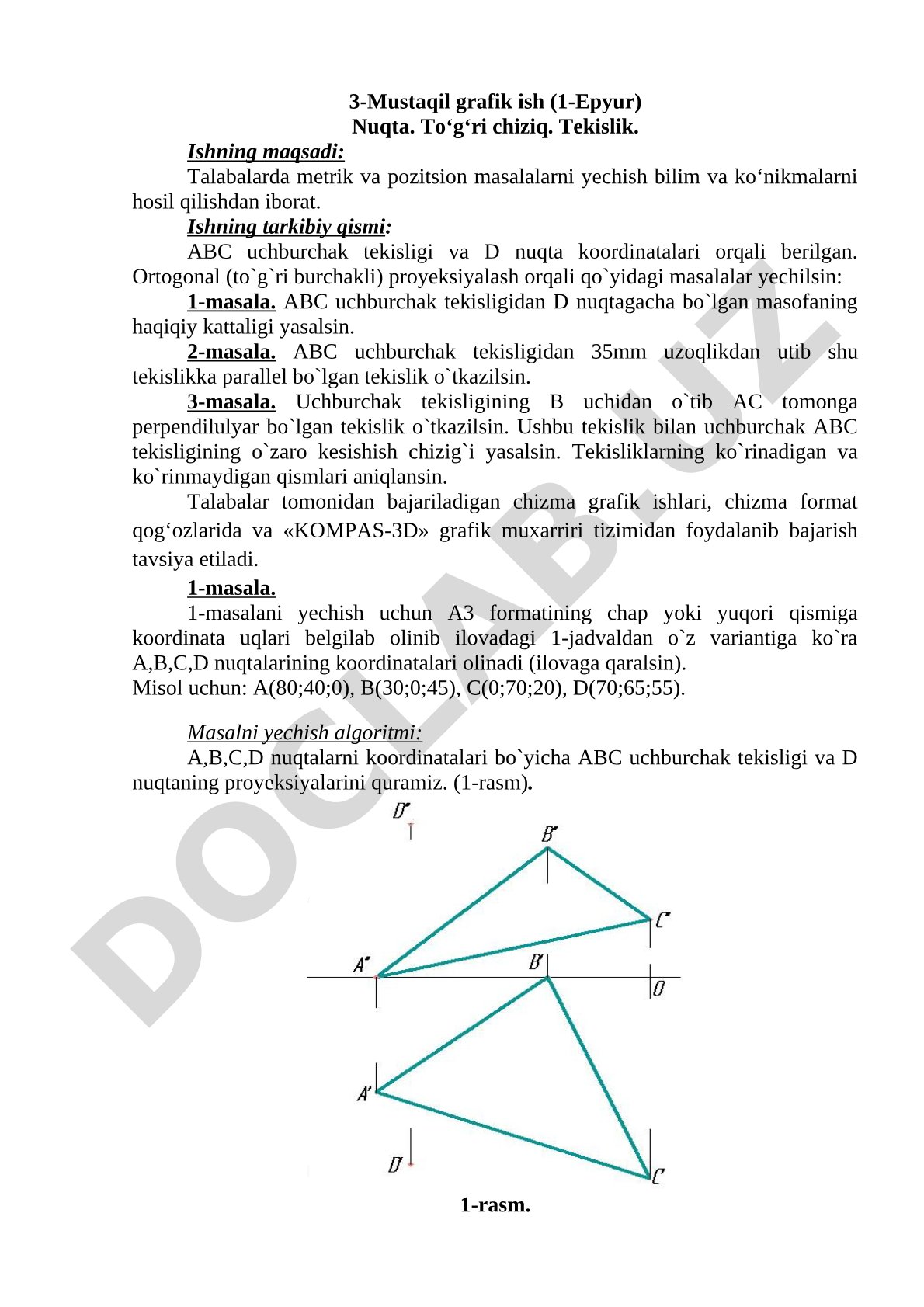 3-Mustaqil grafik ish: Nuqta, to'g'ri chiziq, tekislik