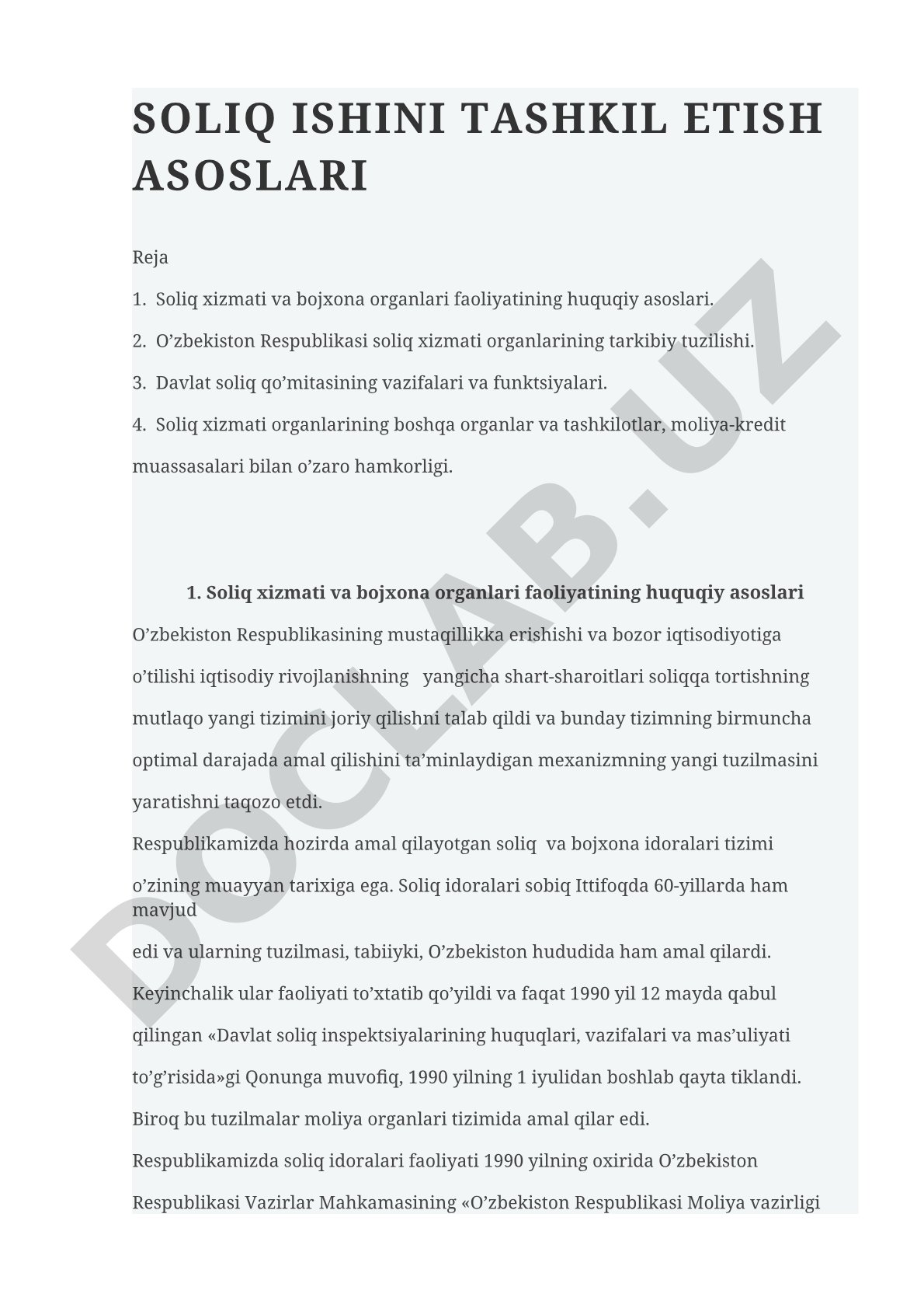 Soliq ishini tashkil etish asoslari