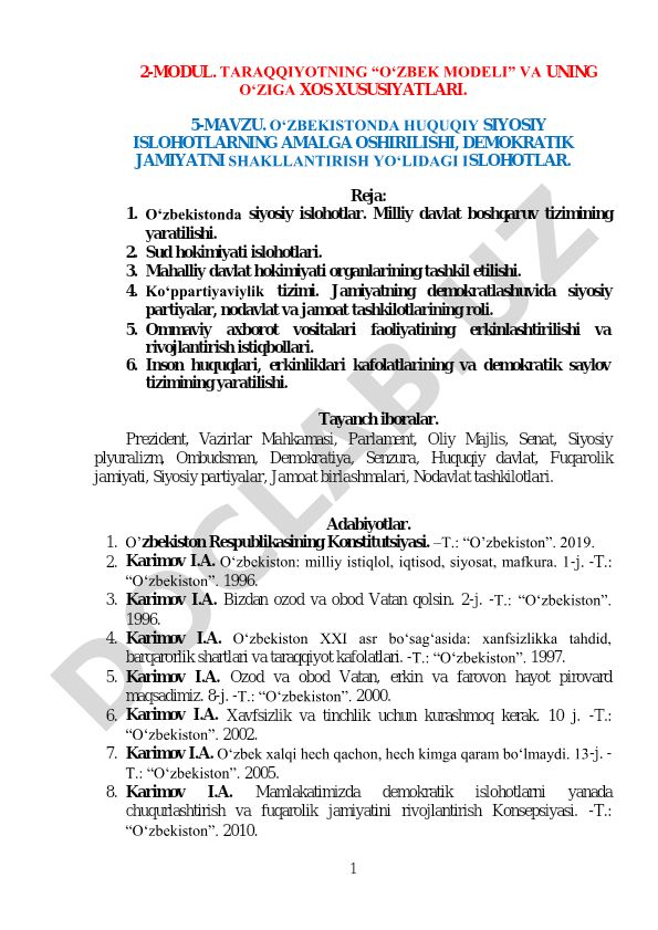 O'zbekistonda huquqiy siyosiy islohotlar va demokratik jamiyatni shakllantirish