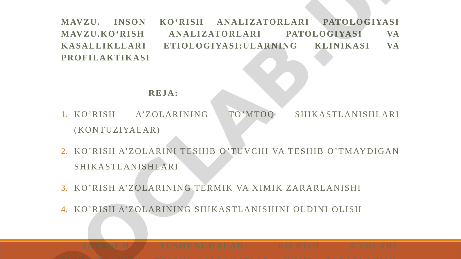 Inson ko‘rish analizatorlari patologiyasi va kasalliklari etiologiyasi, klinikasi va profilaktikasi