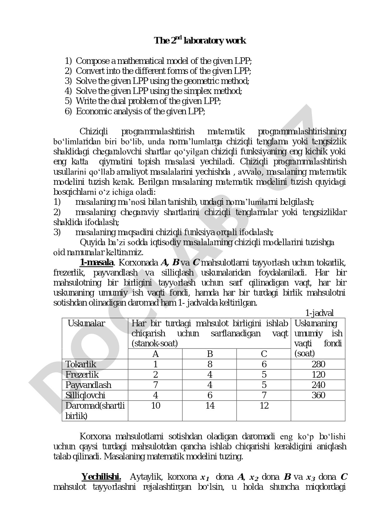 Chiziqli programmalashtirish masalalarini matematik modellashtirish va yechish usullari