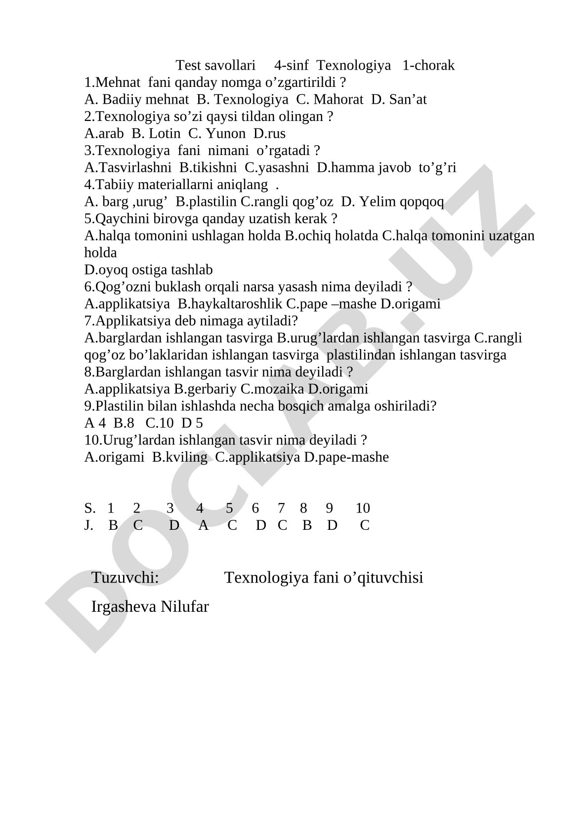 Texnologiya fanidan 4-sinf test savollari
