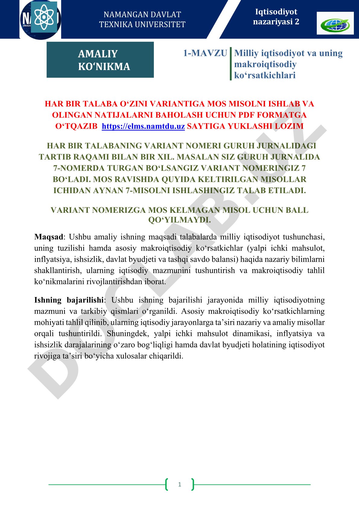 Milliy iqtisodiyot va uning makroiqtisodiy ko‘rsatkichlari